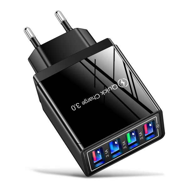 Baoer Charging Head 12w 4 Usb Devices Mobile Phone Charger 3a Color Charging Head Us / Eu / Uk Plug Black Shell